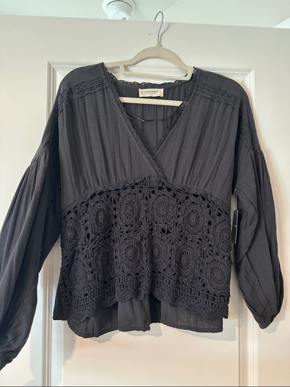 Lucky Brand Dark Frey Crochet Long Sleeve Top